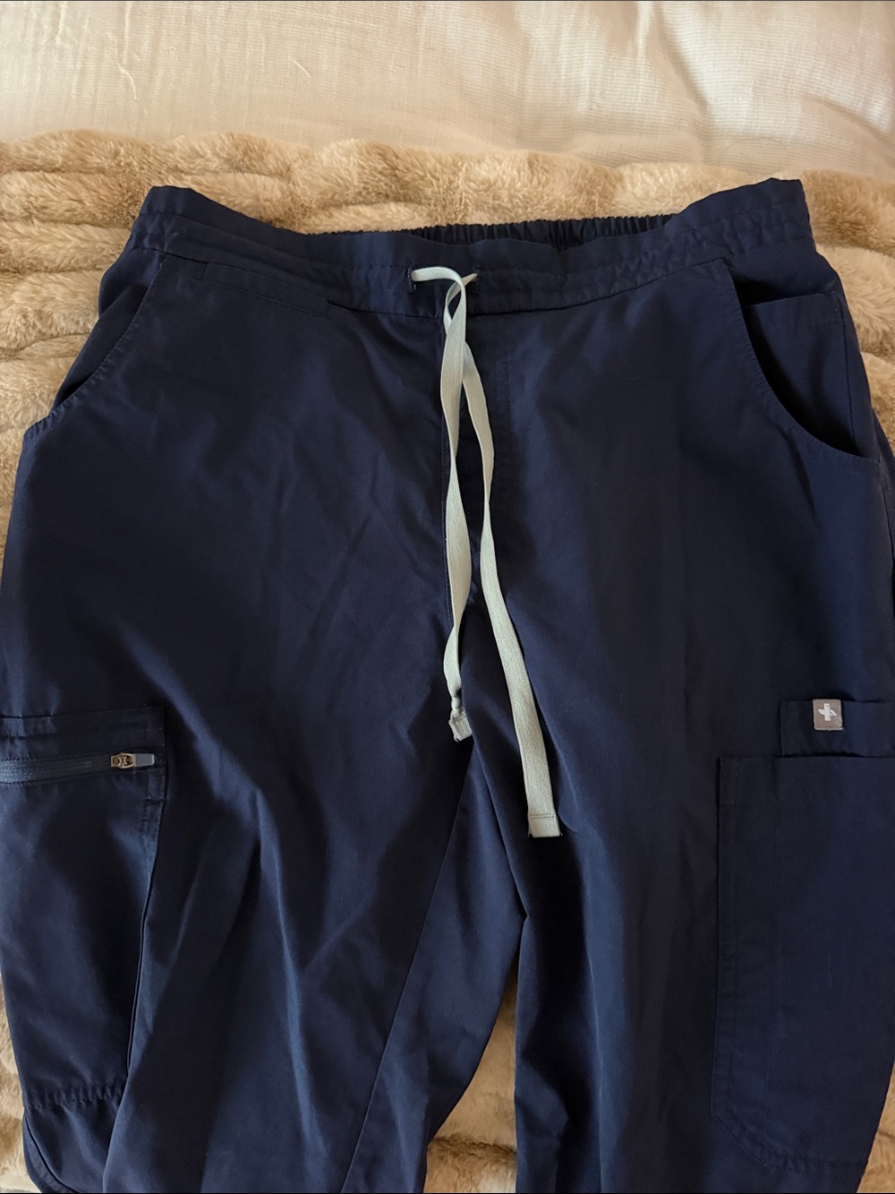 Figs Navy Drawstring Cargo Joggers with Light Blue Ties